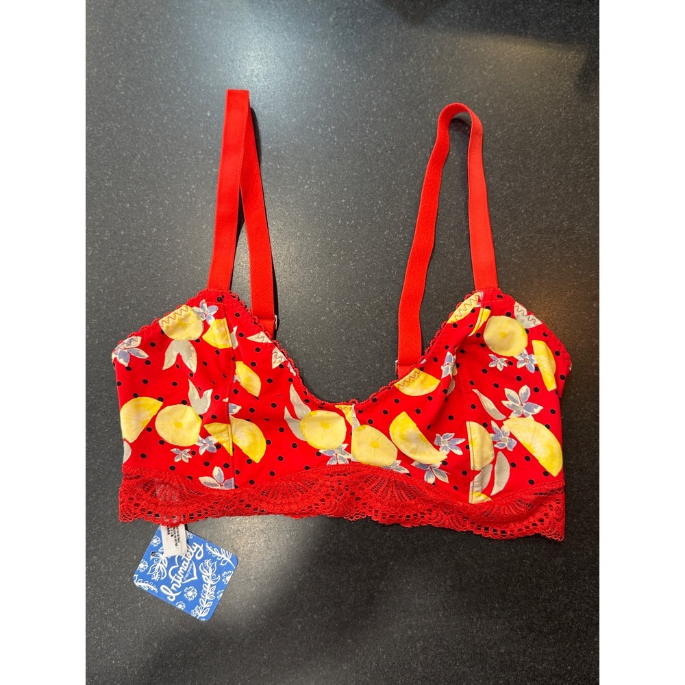 Intimately Free People Bralette XS Red Lemon Print New Lace Trim Boho Fruit